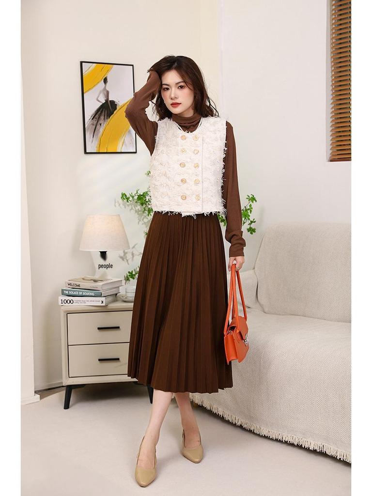 Temperamental Elegant High-Waist Woolen Pleated Skirt - Women's Mid-Length Swing Skirt