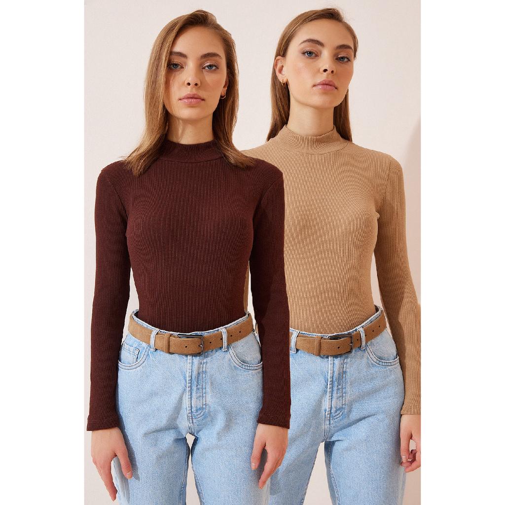 Women's Black White 2 Pack Ribbed Turtleneck Knitted Blouse Gt00053