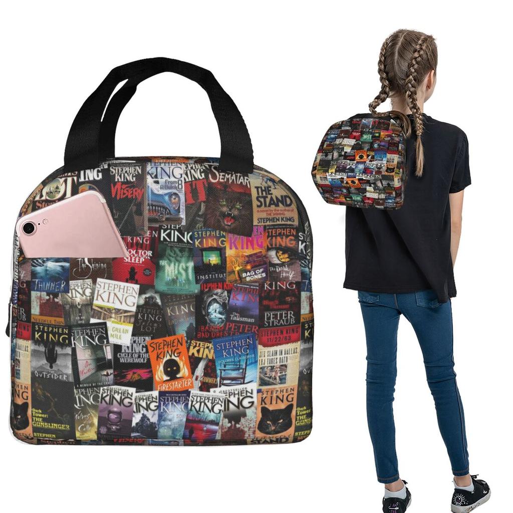 Stephen King Book Covers Horror Bookworm Insulated Lunch Bag for Women Children Portable Food Boxes Thermal Lunch Box Tote