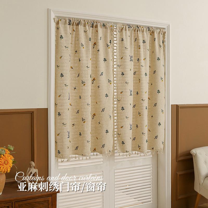 Japanese Door Curtain Linen Bedroom High-End Blocking Curtain Kitchen Partition Curtain Wheat Ear Embroidery Curtain Cotton And Linen Texture