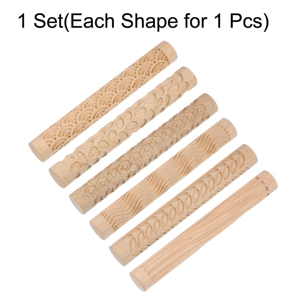 uxcell 6pcs Wooden Clay Roller Pattern Modeling 5.9" Beech Wood Hand Roller Wooden Ceramic Tool Wood Grain Technique Clay Roller Baking Clay DIY