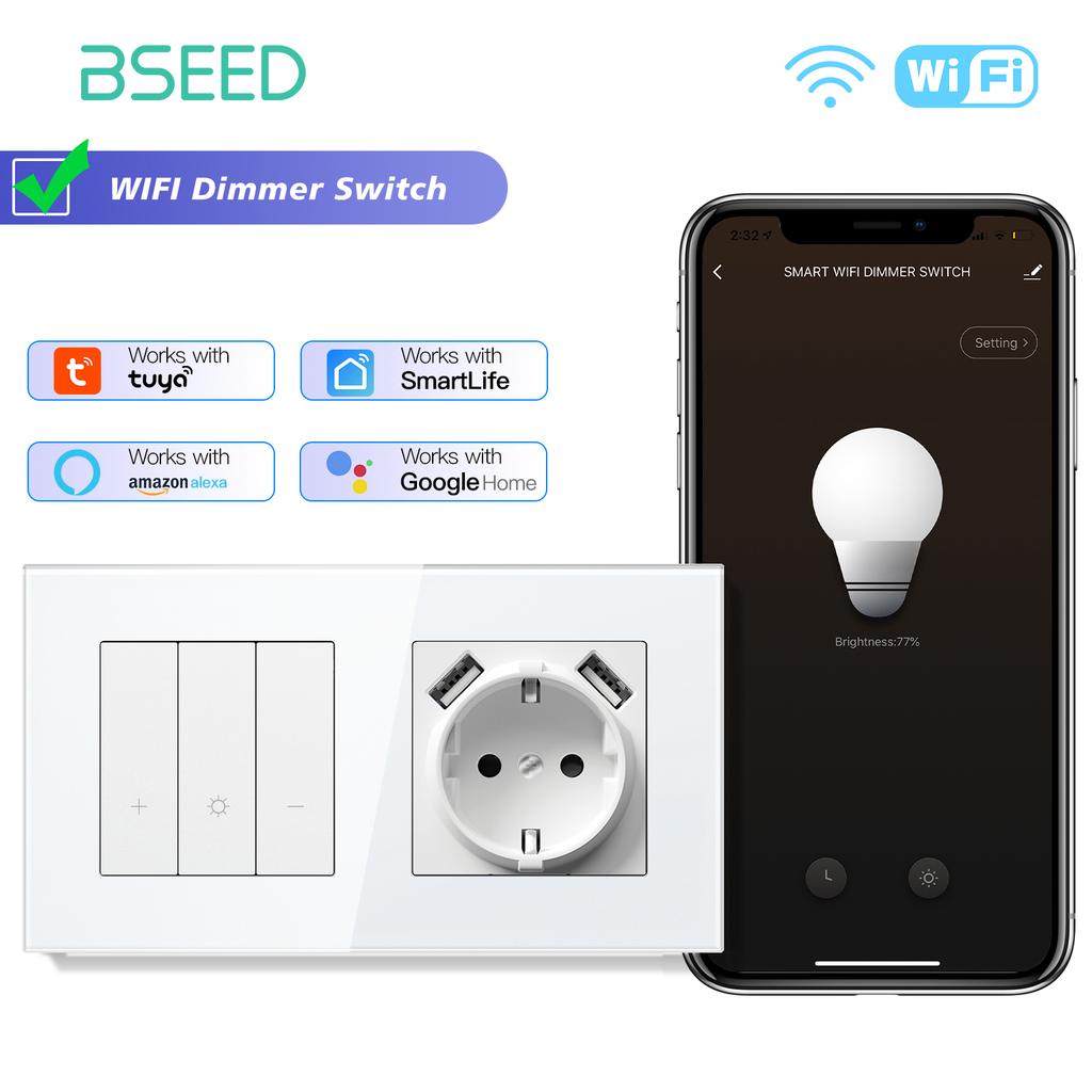 BSEED Wifi Light Switches Smart Dimmable Switches Tuya Smart Life App Control Plus EU Sockets USB Type-c Without Wifi White