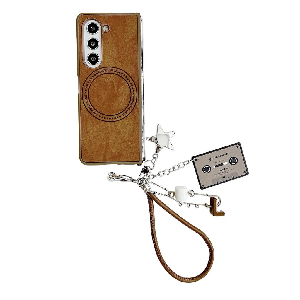 Magnetic Wrist Strap Cute Stars Wireless Charging PU Leather Phone Case for Samsung Galaxy Z Fold 6 5 4 3 Protective Cover
