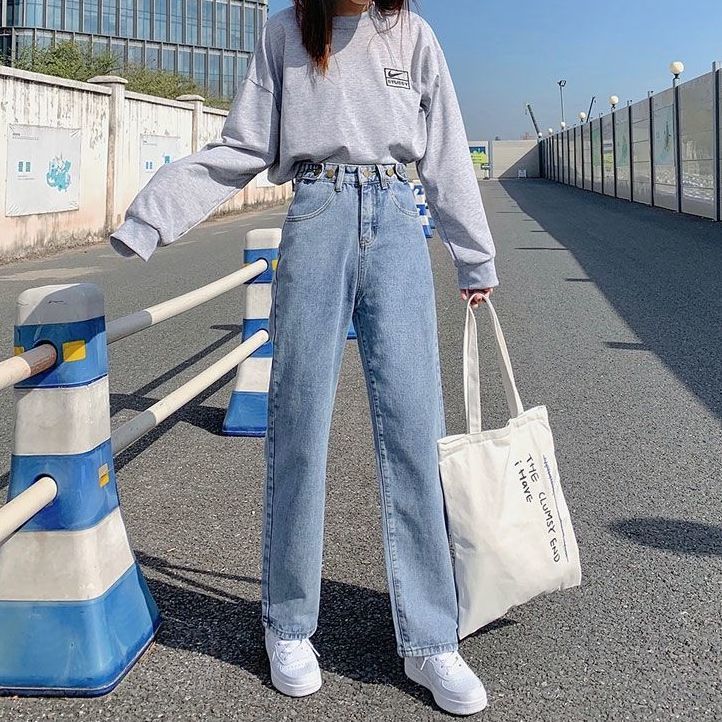 Spring Autumn Women's High-waist Jeans Pants Slimming All-match Loose Casual Wide-leg Denim Trousers Plus Size