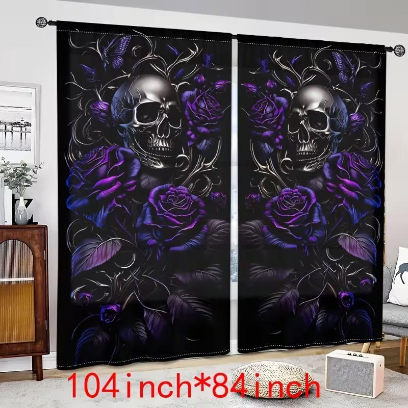 Set Of 2 Purple Skull Rose Print Curtains Suitable Bedroom Living Room Kitchen Decoration Home Window Curtain Polyester Ideal For Sitting
