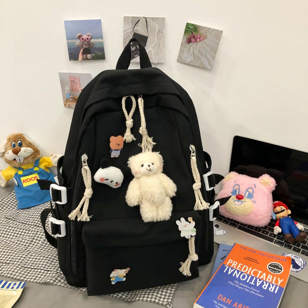 New Backpack with Cute Bear Plush Pendant and Cartoon Pins Large Capacity School Bag for Teen Girls Student Travel