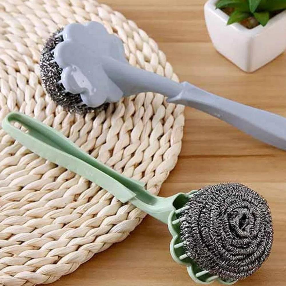 Long Handle Pan Pot Brush Sink Dish Bowl Wire Ball Washing Brush Multifunctional Practical Stain Removal Kitchen Cleaning Tools