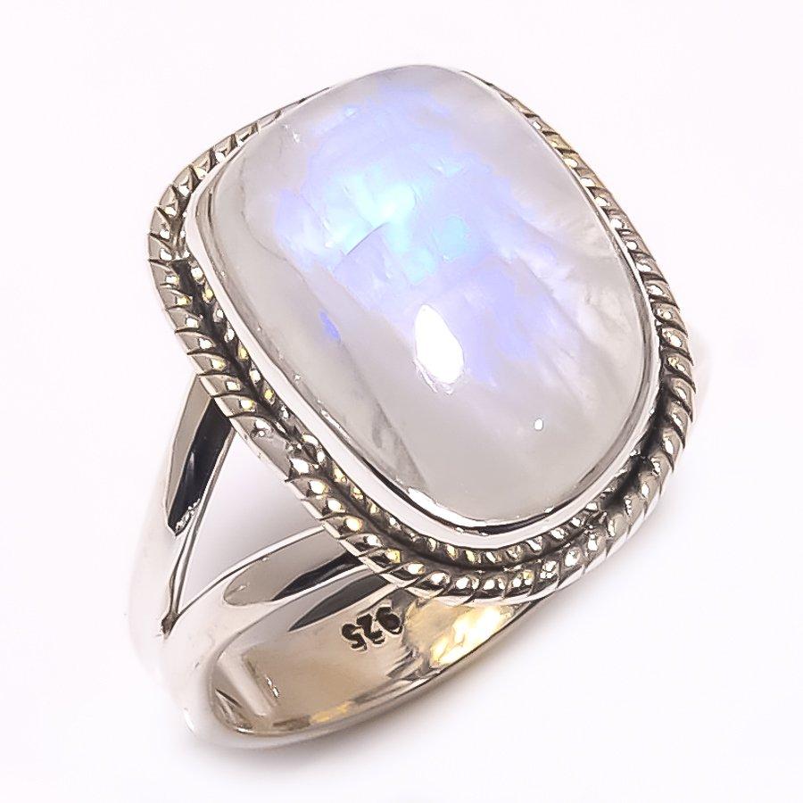 Pierre Gemme Pierre de Lune Arc-en-ciel Naturelle Argent Sterling Massif 925 Bague Taille 7.5 e5F70