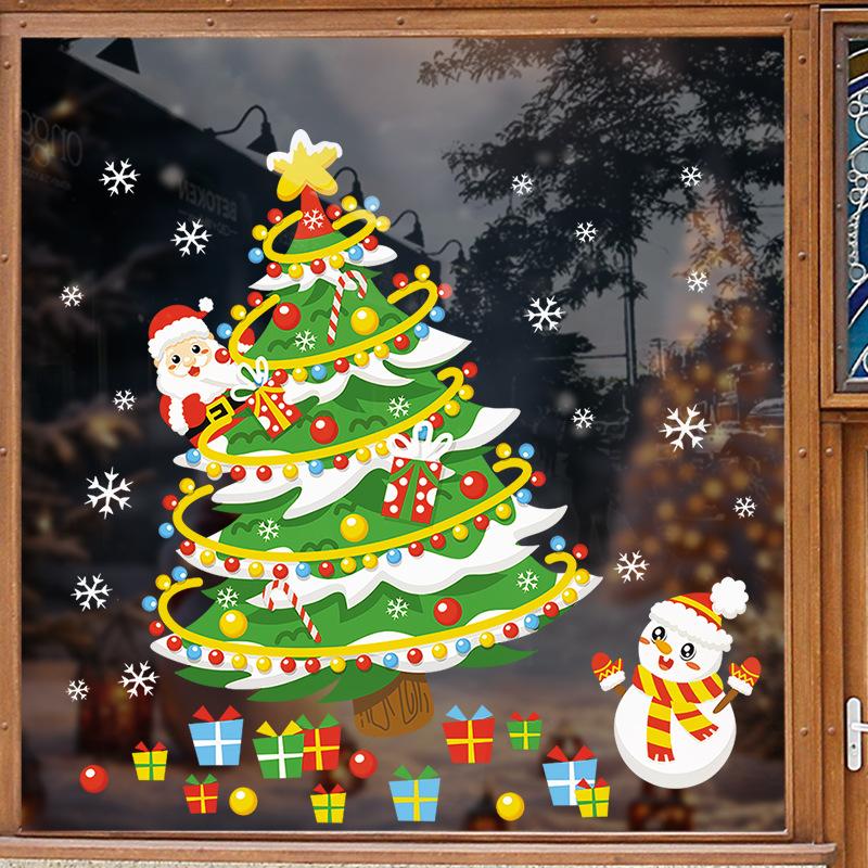 Santa Claus tree, window display, snowman, holiday decorations, scene arrangement, glass door stickers