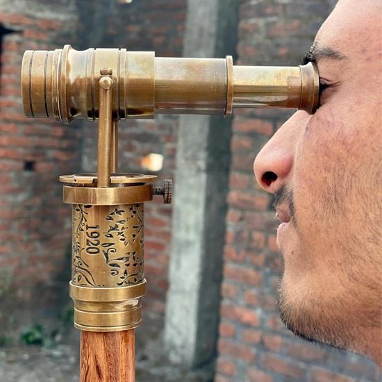 Engraved Brass Walking Stick With Telescope Direction Compass On Top Spyglass Cane, 1920 Dollond London Victorian Canes, Handmade Gift