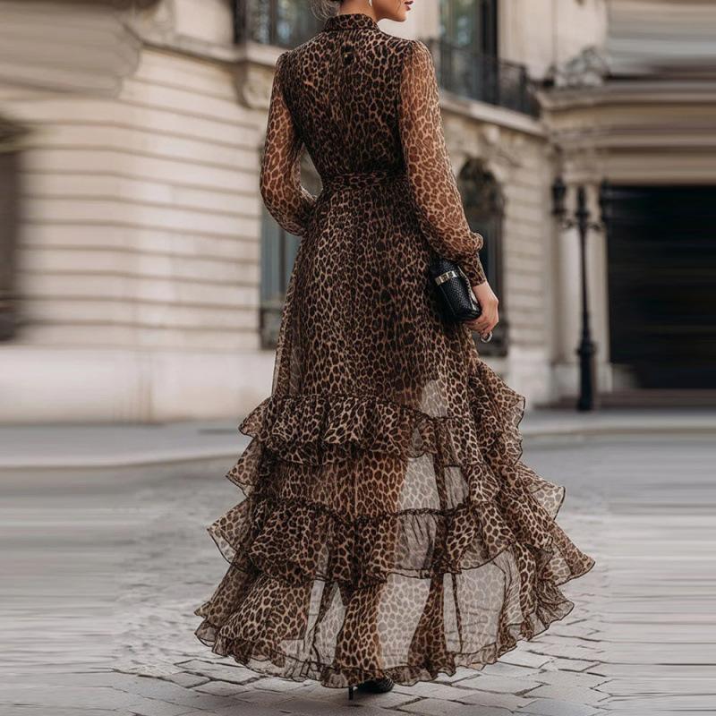 Women's Leopard Print Collared V Neck Wrap Long Sleeve Ruffled High Low Maxi Dress Casual Dress
