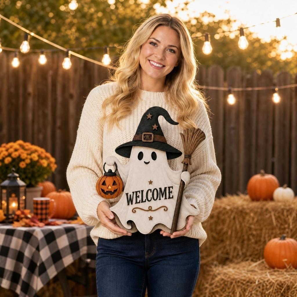 Halloween Wooden Hanging Sign Cute Welcome Door Decor for Party Decorations