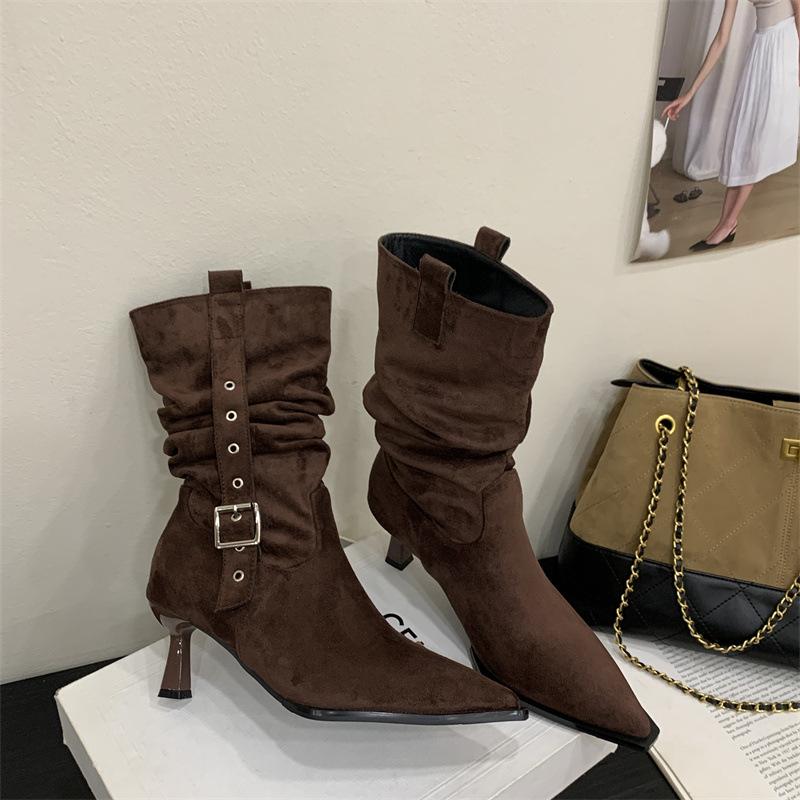 2025 New Retro Suede Pointed High-heeled Pleated Piled Boots Autumn and Winter New Belt Buckle Western Medium Boots Women
