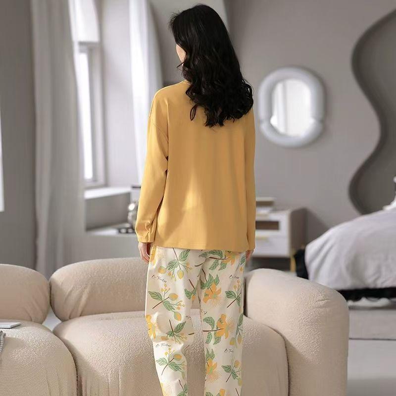 Women's Casual Long Sleeve Pajama Set with Chest Pads, Spring/Fall/Winter, Plus Size, Loose Fit, Suitable for Outdoor Wear