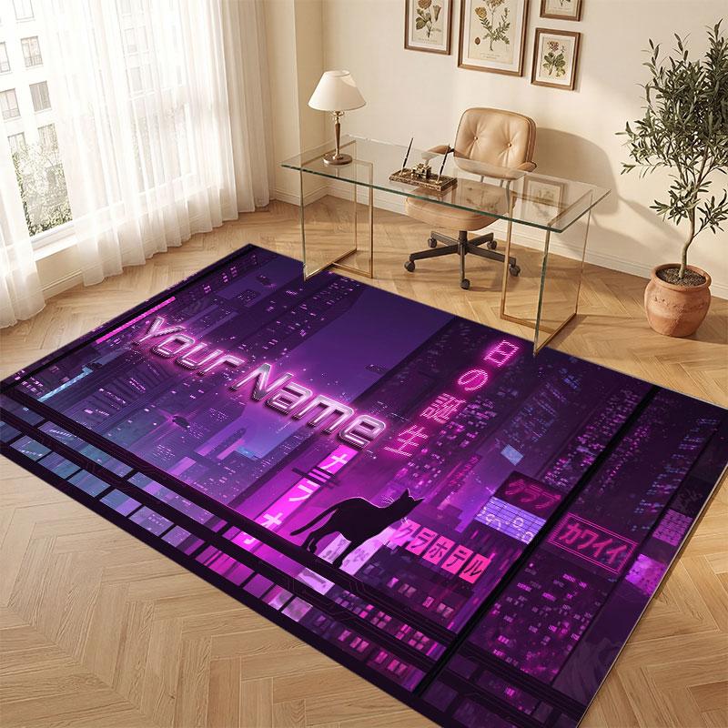 City Cyberpunk Theme Crystal Velvet Floor Rug Personalized Custom Name Text Warm Carpet Home Decoration