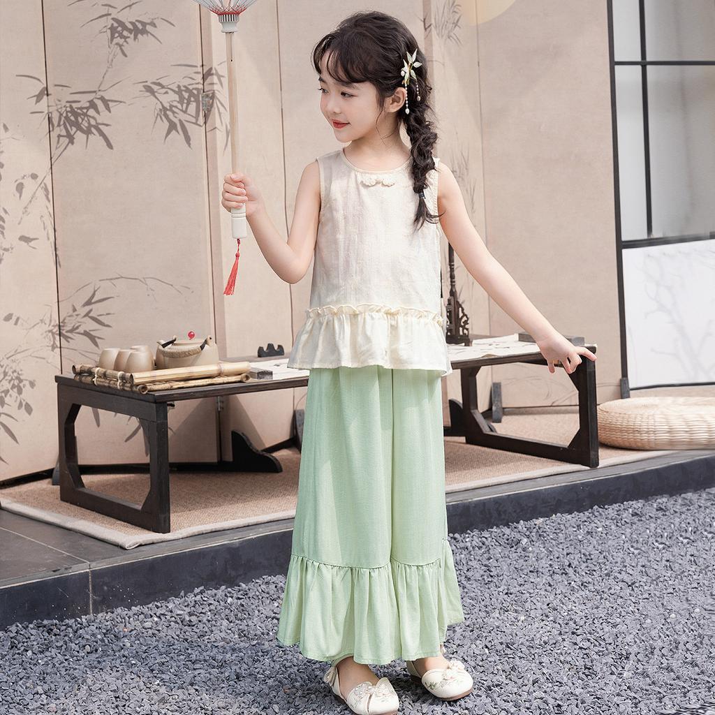 Girls' Summer Outfit Set - Thin Design Vest Top & Wide Leg Pants Skirt