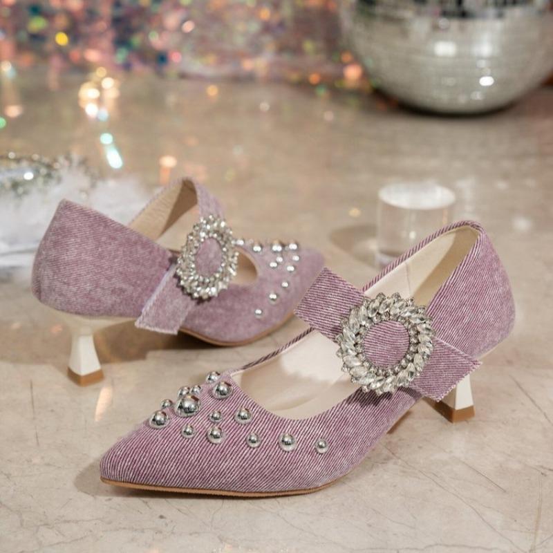 Studded Stiletto Single Shoes Summer New Pointed Toe Shallow Cloth Metal Buckle Non-slip High Heels