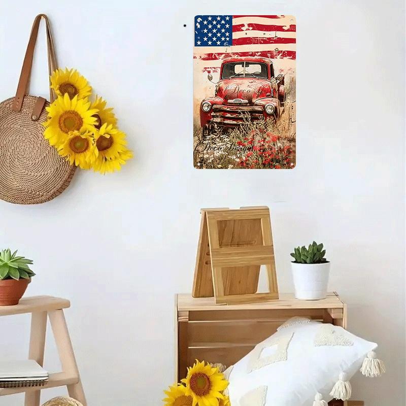 1 piece: Vintage American red truck tinplate painting with American flag background, nostalgic car decorative painting, living r