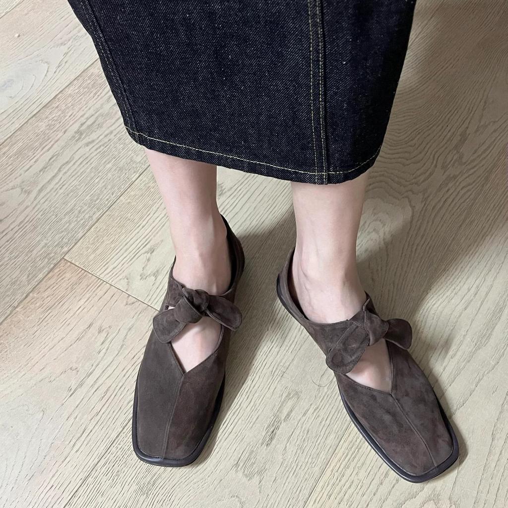 Leder Wildleder Nische Schleife Blockabsatz Zwei Tragevarianten Eckiger Zeh Einzelne Schuhe Damen Frühling und Herbst Mary Jane Ballerinas