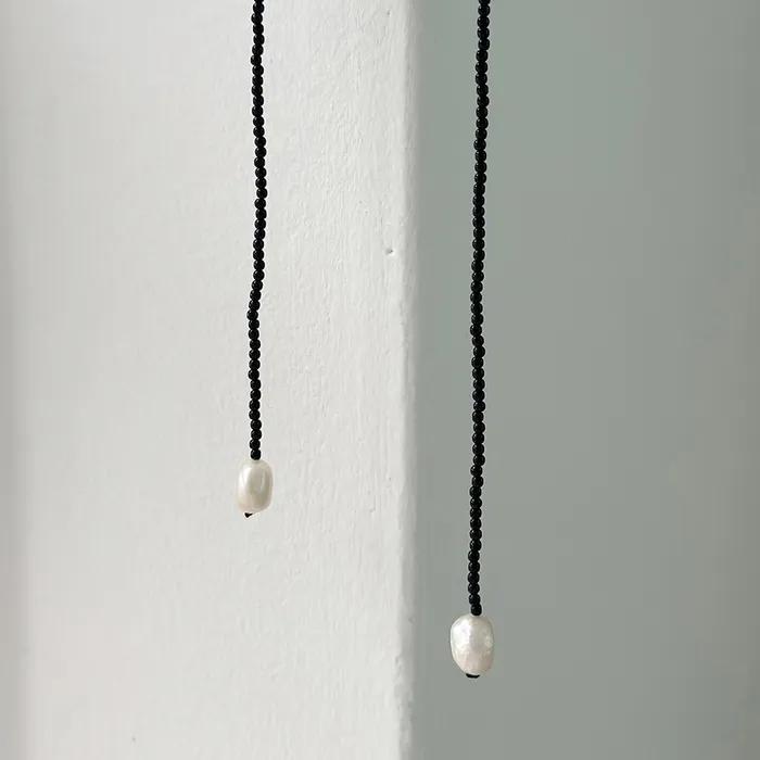 Bead Pearl Tie Necklace - Black