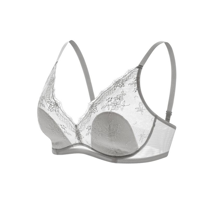Silk stretch satin French rabbit ear cup bra, mulberry silk V-neck lace ultra-thin breast underwear