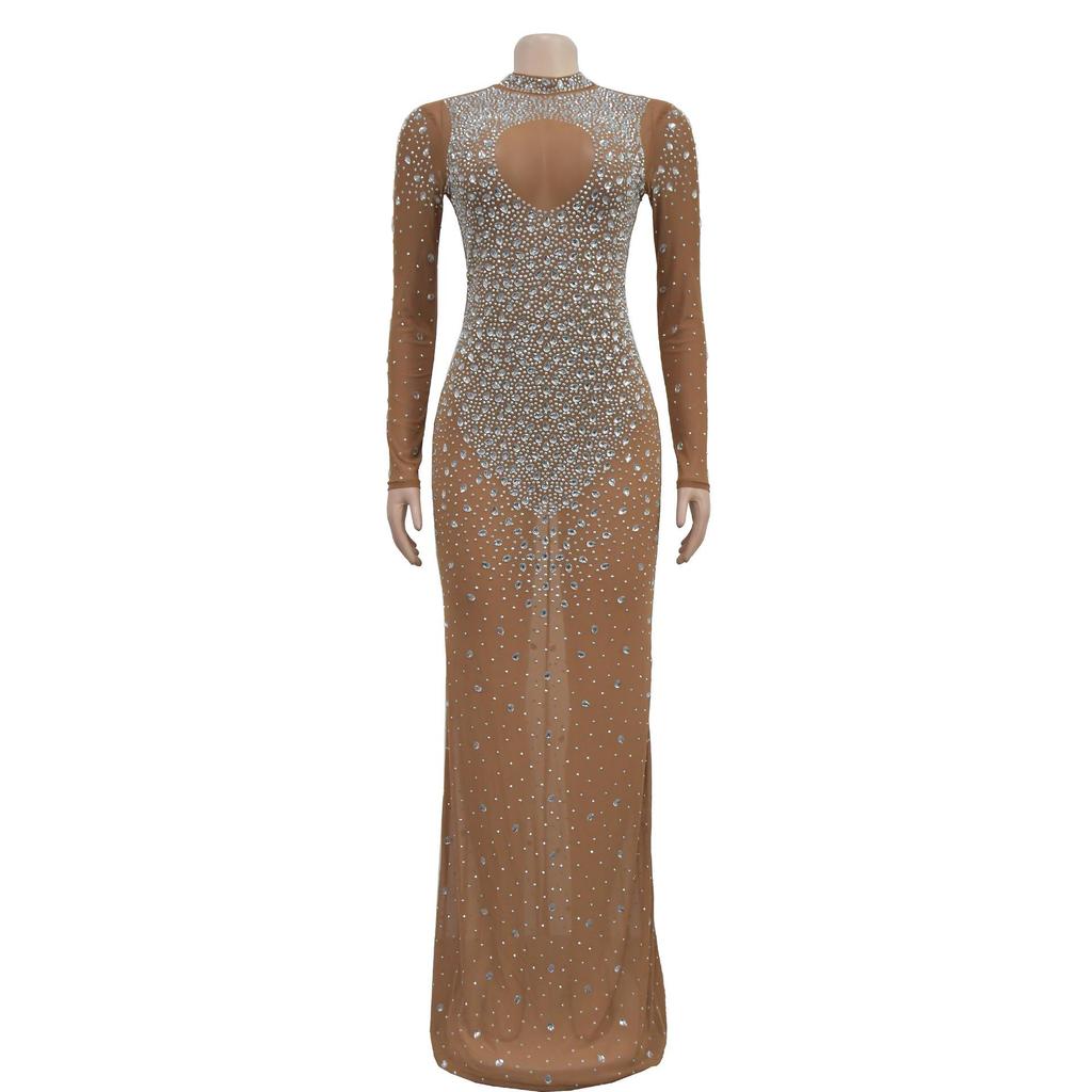 Europäisches und Amerikanisches Mode Strassstein Langes Kleid - Rundhals Damenbekleidung