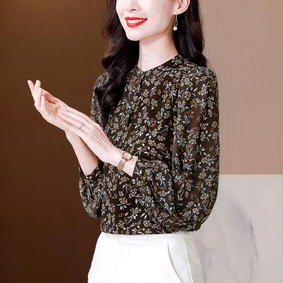 Langärmelige florale Chiffonbluse mit Stehkragen für Damen im Herbst Neu Chic und Schön Kleine Bluse Locker Bauchbedeckendes Oberteil