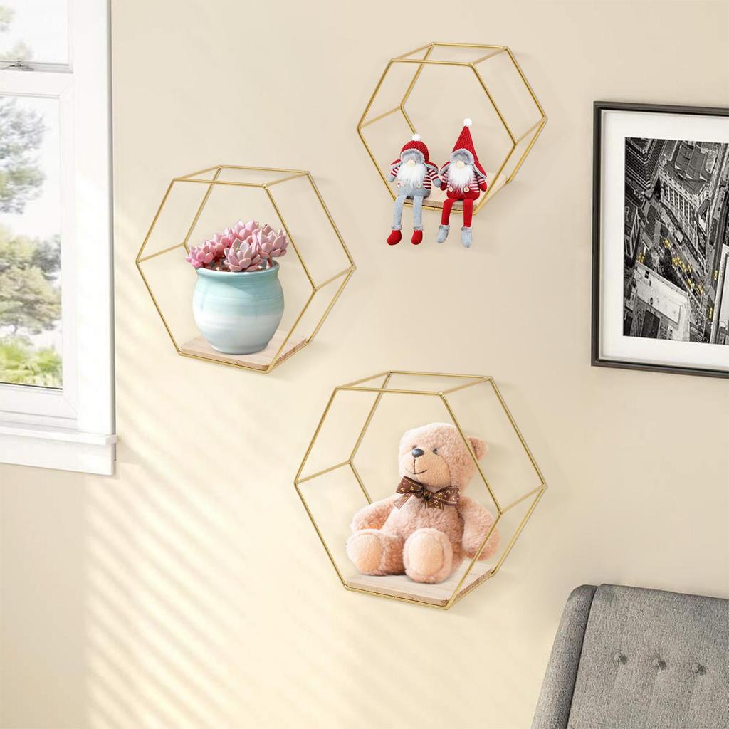 Hexagon Wall Shelf 3 Hanging Shelves, Loft Wall Shelf ShelvesIron & Wood Floating Shelves for Living Room, Bedroom, Kitchen