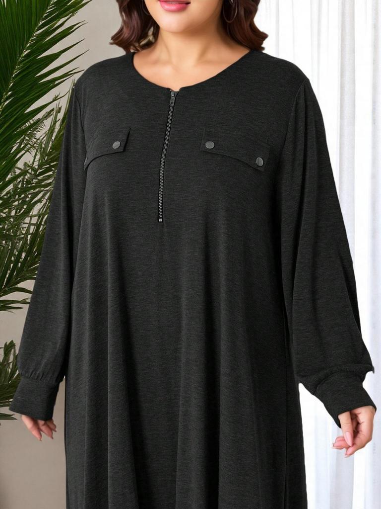 Plus Size Autumn Street Fashion Loose Knit Dress - Solid Color, Round Neck, Long Sleeve