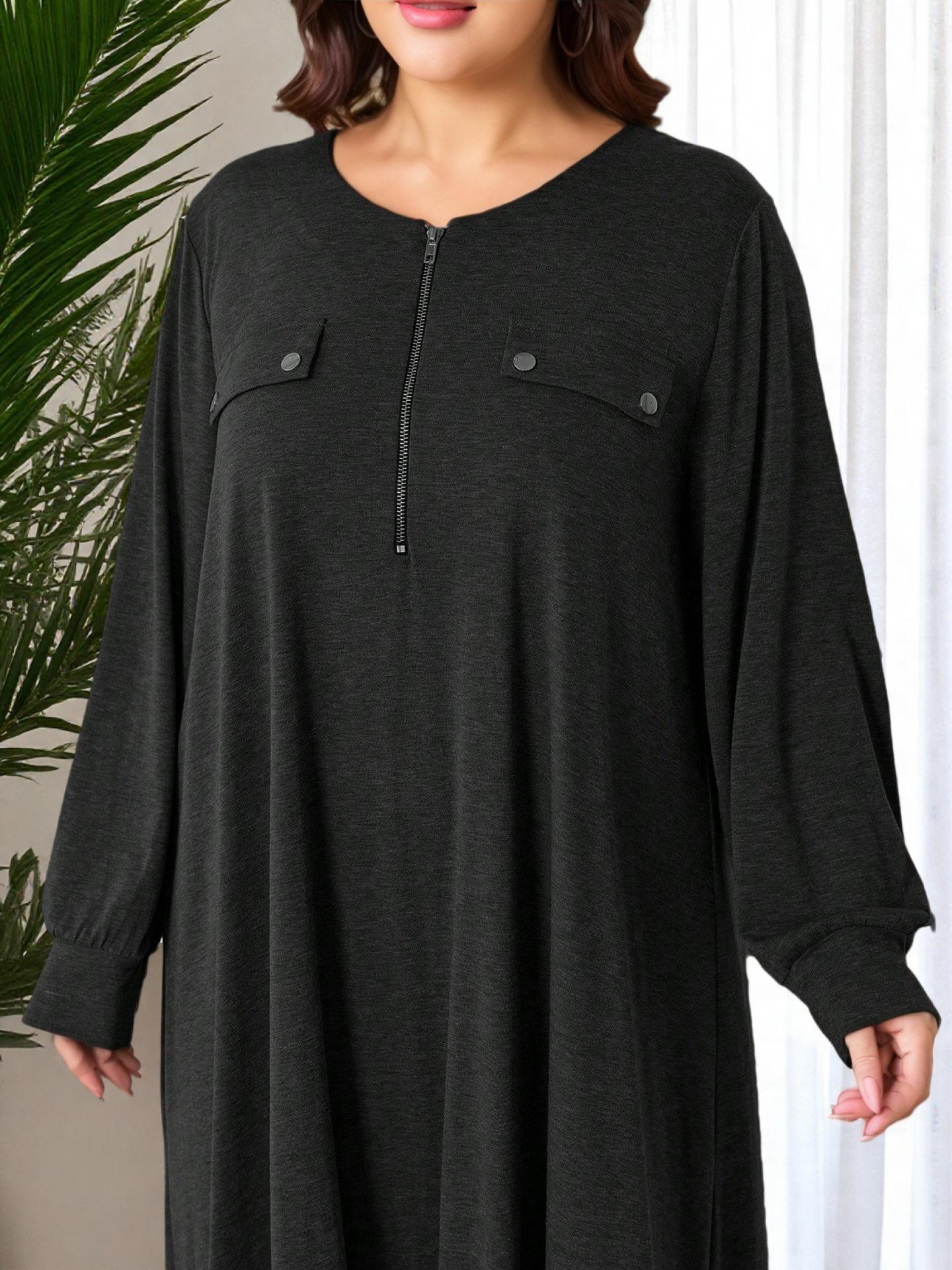 

Plus Size Autumn Street Fashion Loose Knit Dress - Solid Color, Round Neck, Long Sleeve 2XL чорний