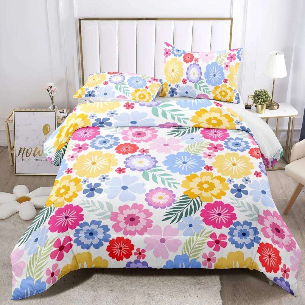 Dopamin Buntes Blumenmuster Romantischer Bettbezug Queen King Size Frühling Blumenmuster Bettwäscheset Raumdeko 3-teiliges Set Ohne Steppdecke