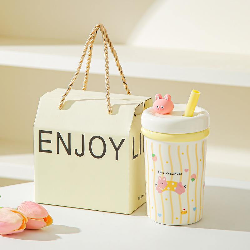 Girl's Heart Cute Pet Mug Cute Straw Ceramic Cup with Lid Spoon Girls Coffee Milk Cup Birthday Gift