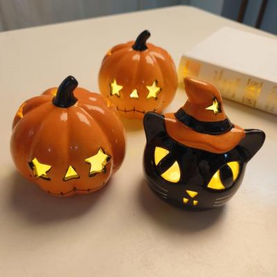 Halloween Gato Cerámico Calabaza Figurita Gato Calabaza Tallado Portavelas de Té de Mesa para Decoración de Fiesta Casera Interior