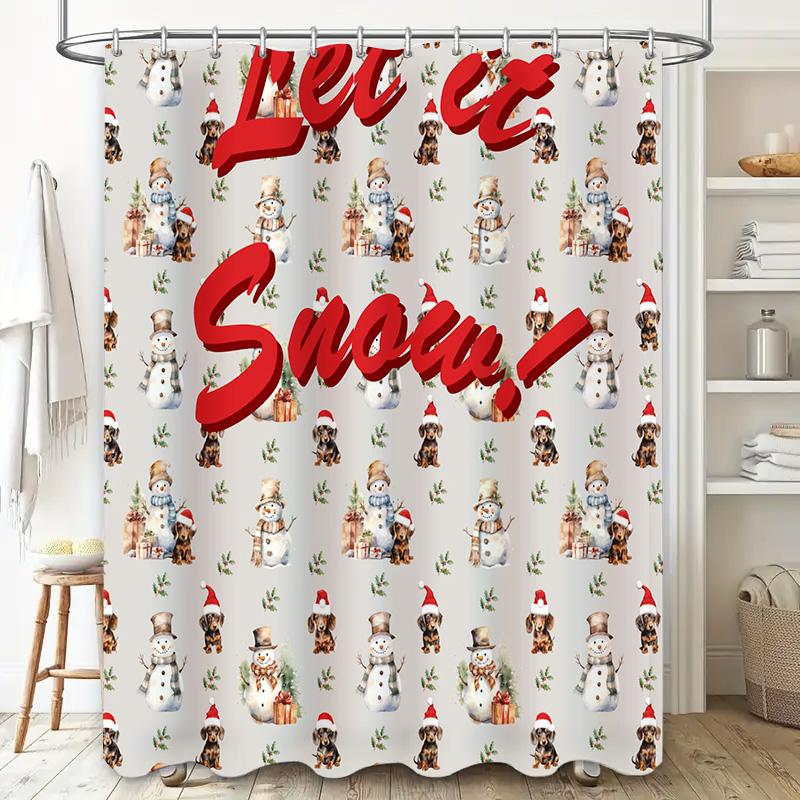 Let It Snow Shower Curtain Christmas Decor Bathroom Liner with Festive Snowman Dogs Design 72 X 84 Inches Waterproof Fabric Home