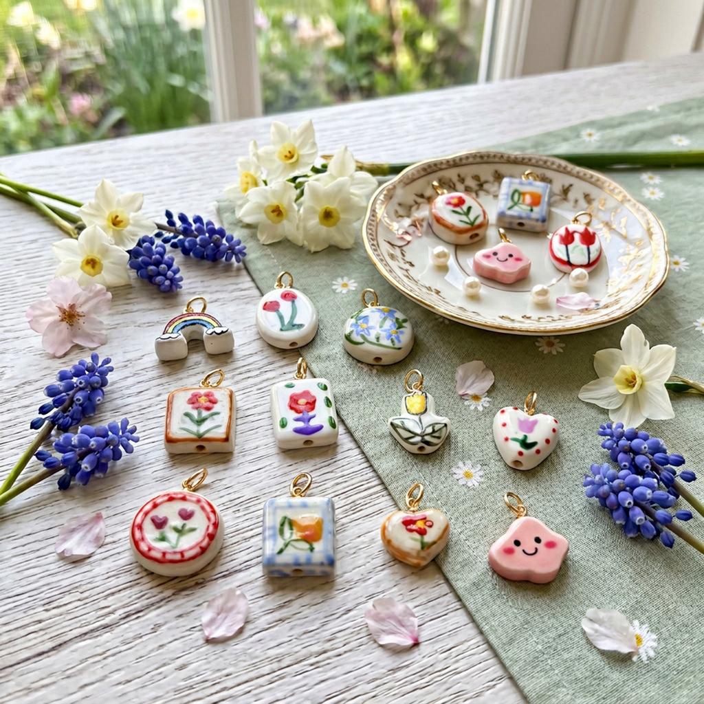 2 Pcs Ceramic Charms Multicolor Flower Rainbow Hand Drawing Double Sided Brass 18K Gold Plated Pendants For DIY Necklace Making