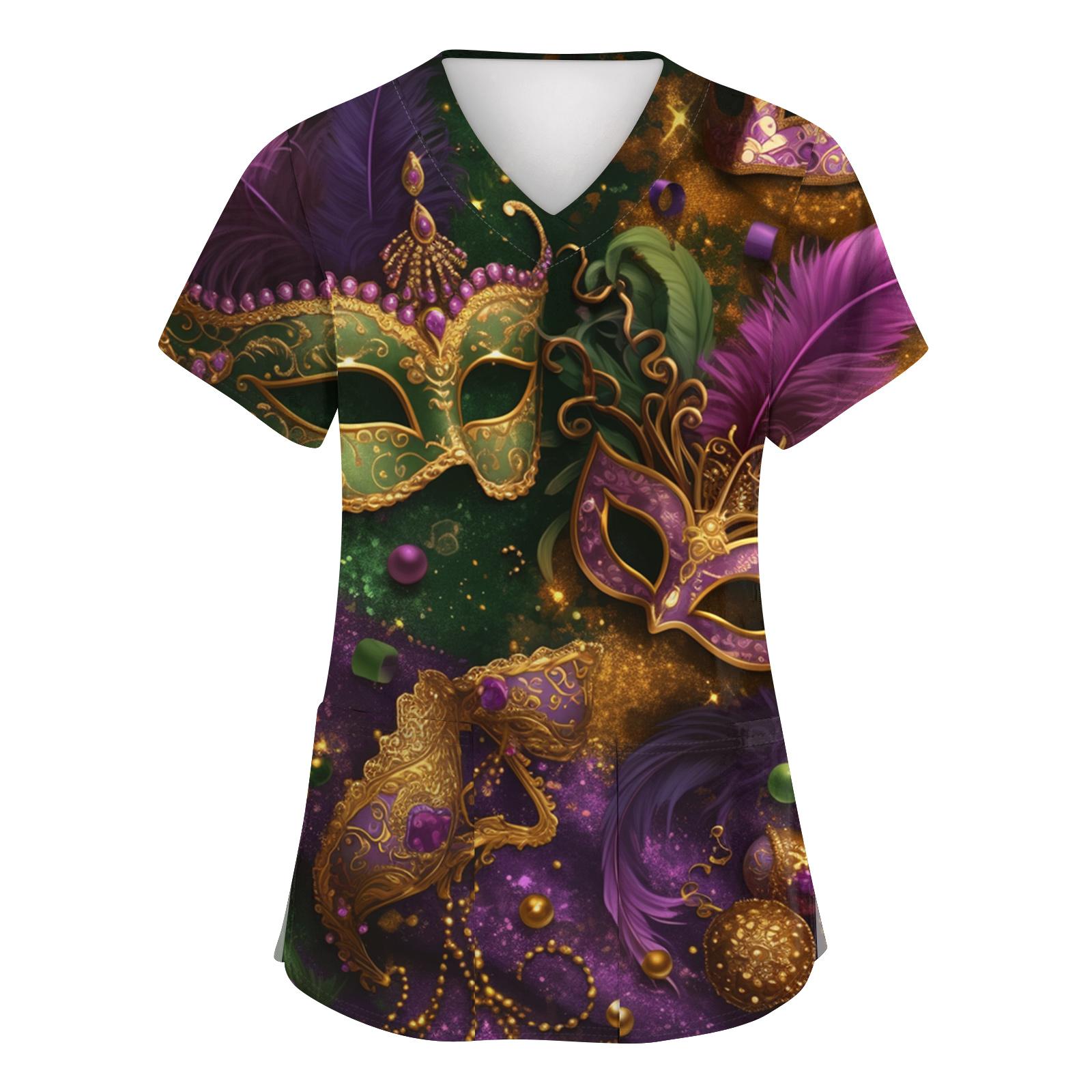 

Женская модная блузка с коротким рукавом, принтом карнавала, V-образным вырезом и карманом, рабочая S