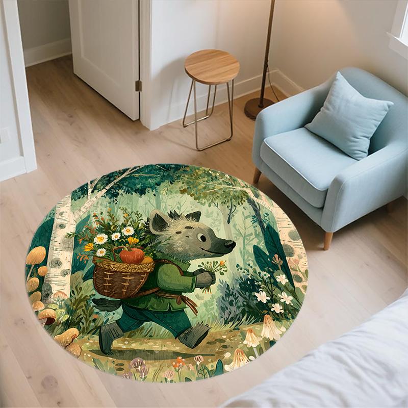Forest Flower Basket Animals,Round Area Rug,Carpet Rug for Living Room Bedroom Sofa Playroom Decor,Non-slip Floor Mat
