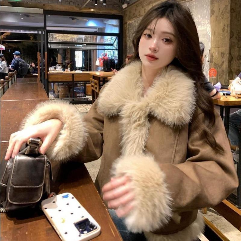 Retro Denim Jacket Imitation Fox Hair Suede Short Women's Small Thin Cotton-padded Clothes Autumn and Winter Tops