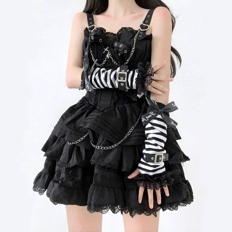 

Лолита Темный Панк Стиль Хэллоуин Готический Ремешок Кожаные Перчатки без Пальцев Гару Функция Открытые Пальцы Армия Крутая Личность Black and white Stripes bow One size