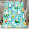 1pc Spring Rabbit and Egg Flannel Blanket-soft and Comfortable Bright Blue Design for Sofa Bed or Outdoor Activities Embellished W