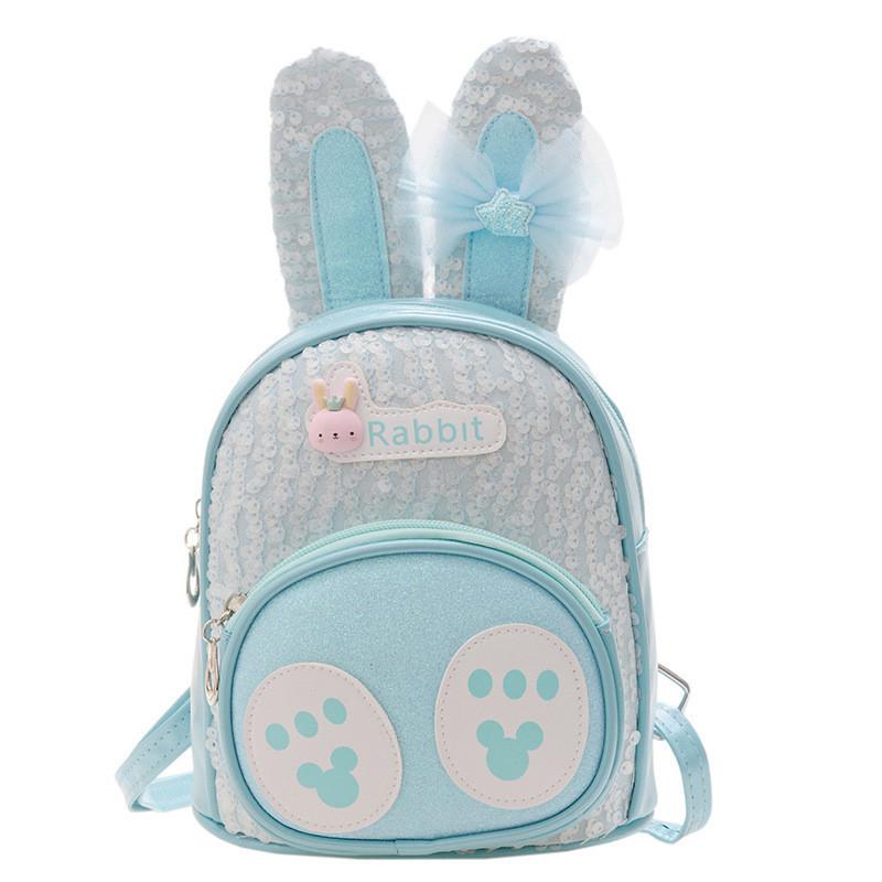 Adorable Bunny Ear Cartoon Kids Backpack Stylish Korean Design Sequin Pu Material