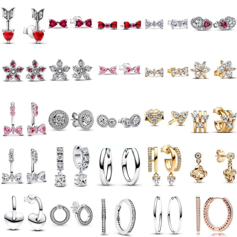 New 925 Silver Red Pink Bow, Golden Snowflakes, Earrings Suitable For Women's Holiday Exquisite Charm Jewelry Gifts