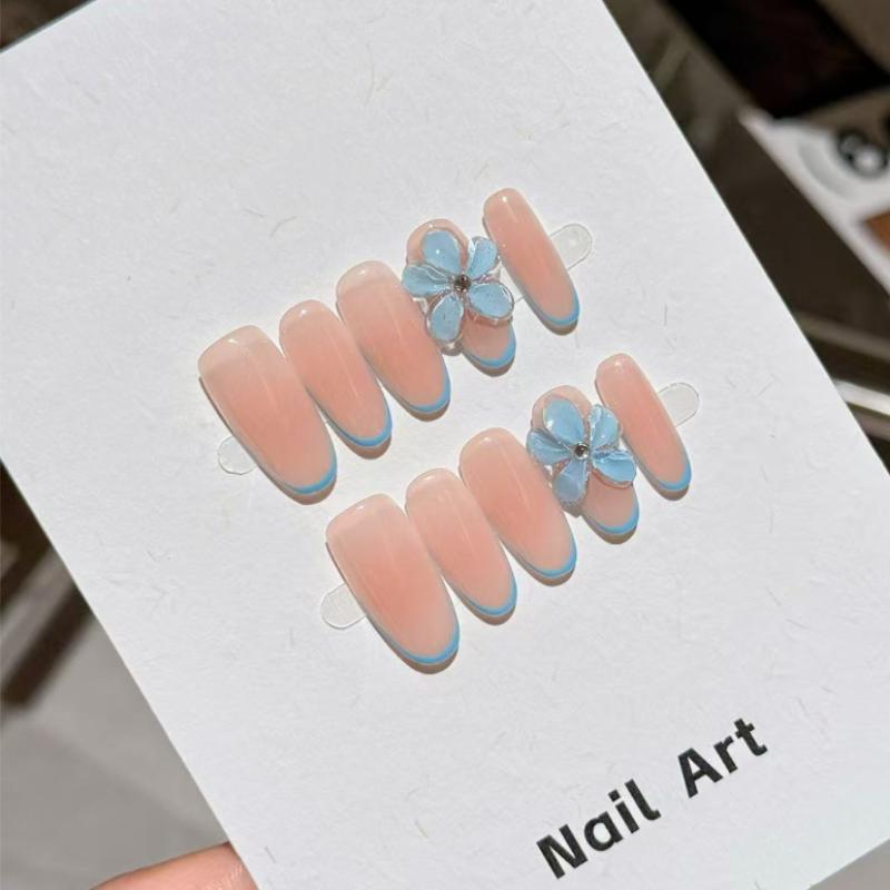 10Pcs Nude Pink French Press On Nails with Blue Flower - Reusable Fake Nails for Women XS