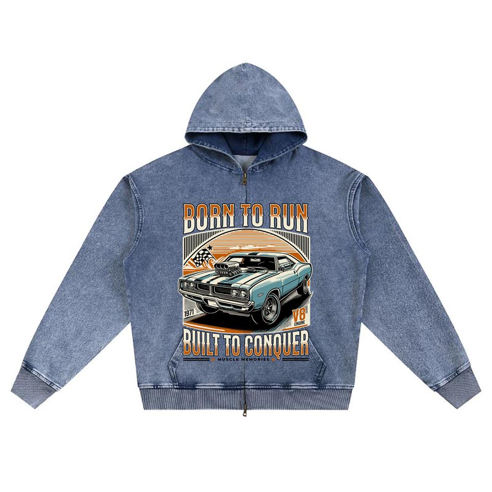 DTG Print Knitted Denim Zip-Up Hoodie Born To Run Brother Print Zipper Hoodies  