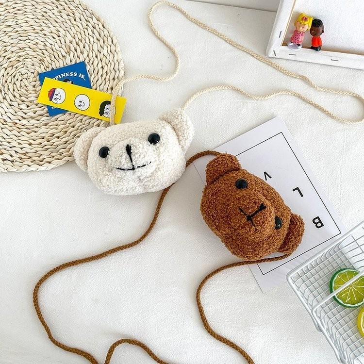 Cute Cartoon Bear Head Mini Crossbody Bag Plush Nylon Shoulder Bag For Students
