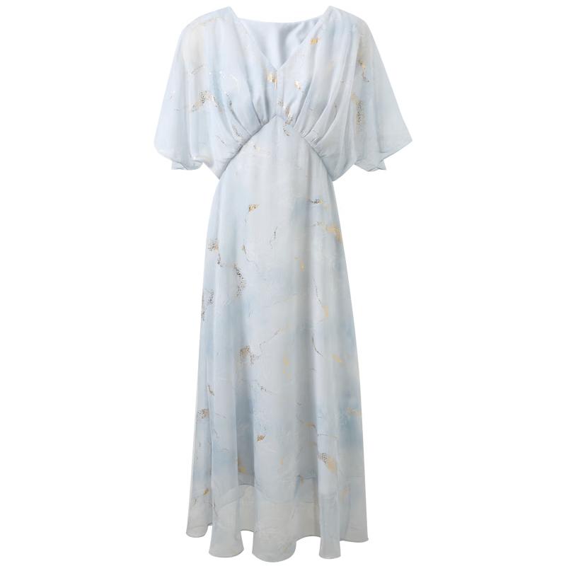 

Sancai 2026 Summer New Chinese Style Printed Chiffon Long Dress M