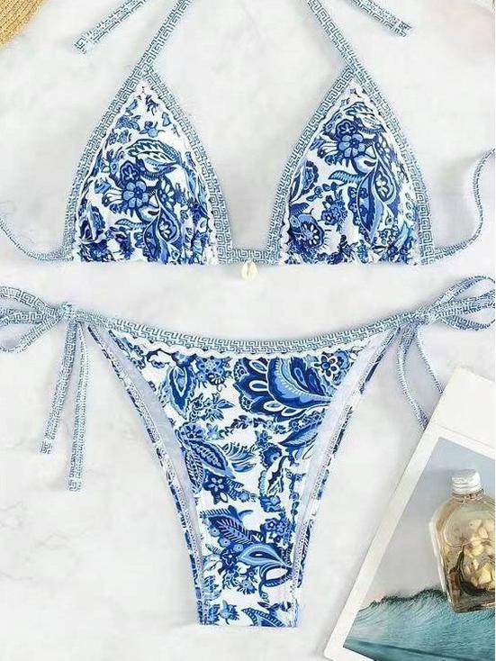 

Blue & White Porcelain Print Backless Bikini Set with Free Shipping - 2025 Trend Small синий