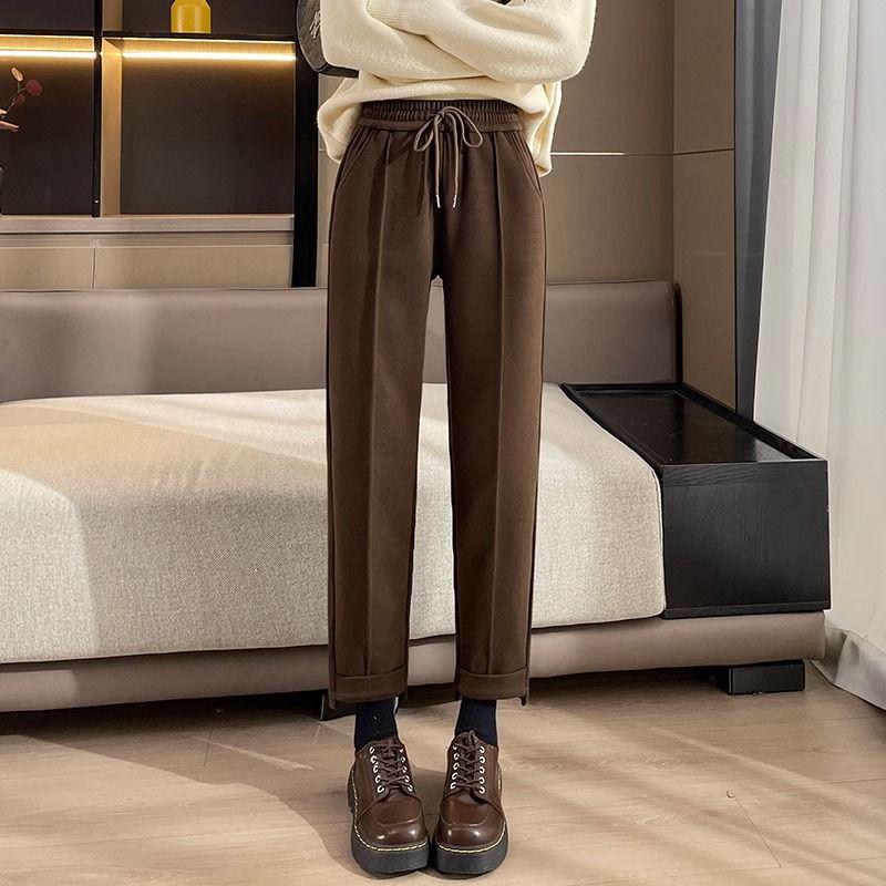 Woolen High-Waist Fleece-Lined Slimming Cigarette Pants, Autumn/Winter, Elastic Waist, Cropped Loose Fit