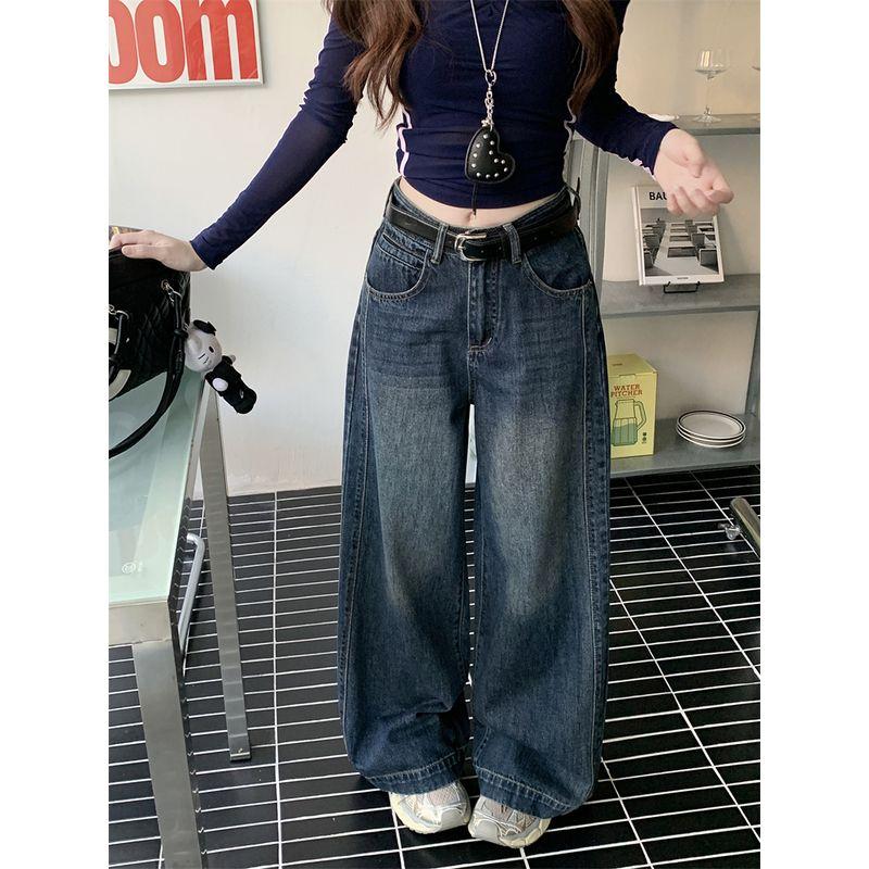Kumikumi American vintage Blue Jeans Straight Pants Women clothes Autumn Distressed High Waist Wide Leg Pants Mopping Pants