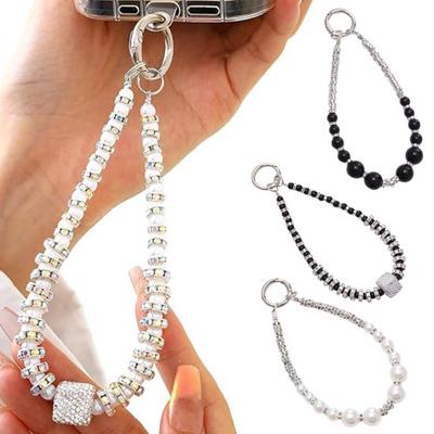 Mobile Phone Wrist Strap Beaded Faux Pearl Charm Anti-Theft Phone Lanyard Fashionable